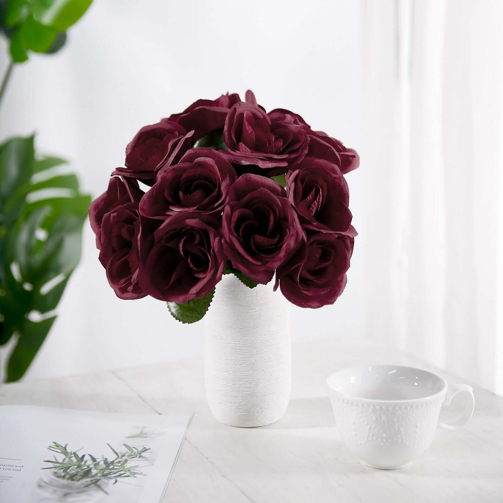 12-burgundy-artificial-velvet-like-fabric-rose-flower-bouquet-bush Burgundy Velvet-Like Artificial Rose Bouquet, 12 Decorative Floral Arrangement - Image 1