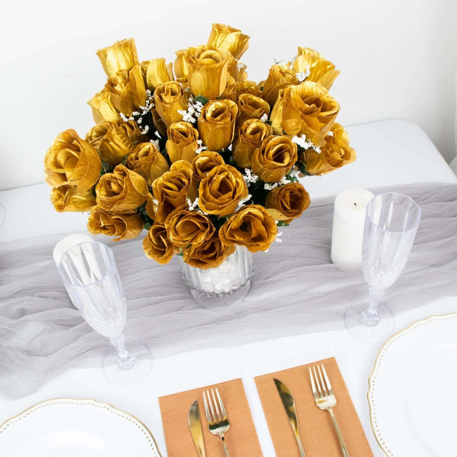 12-bushes-gold-artificial-premium-silk-flower-rose-bud-bouquets 12 Bushes Gold Artificial Silk Rose Bud Flowers, 84 Flower Heads - Image 1