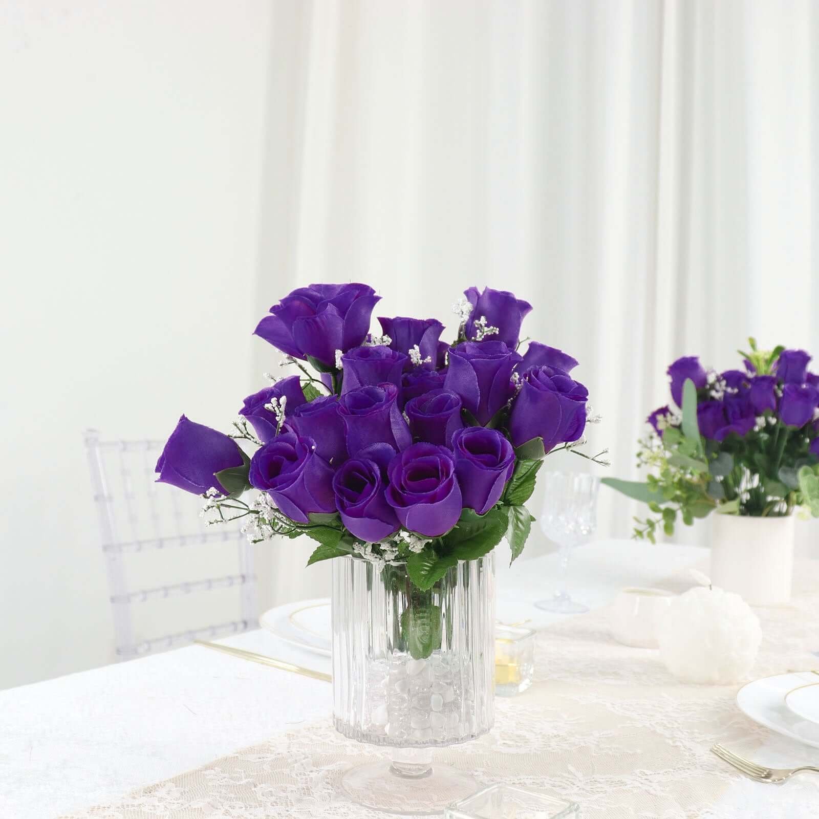 12-bushes-purple-artificial-premium-silk-flower-rose-bud-bouquets 12 Bushes Purple Artificial Silk Rose Bud Flowers, 84 Flower Heads - Image 1