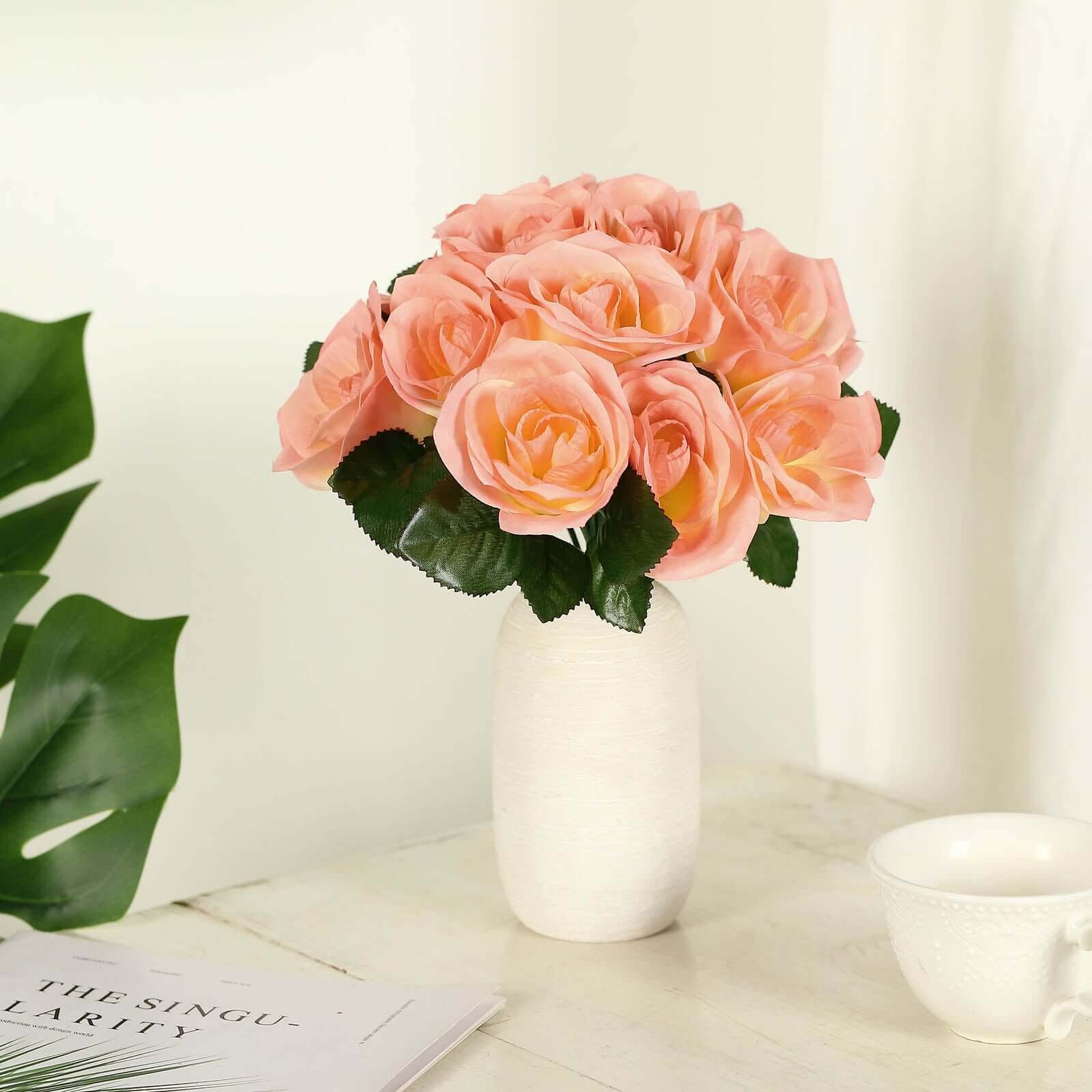 12-peach-artificial-velvet-like-fabric-rose-flower-bouquet-bush Peach Velvet-Like Artificial Rose Bouquet, 12 Decorative Floral Arrangement - Image 1