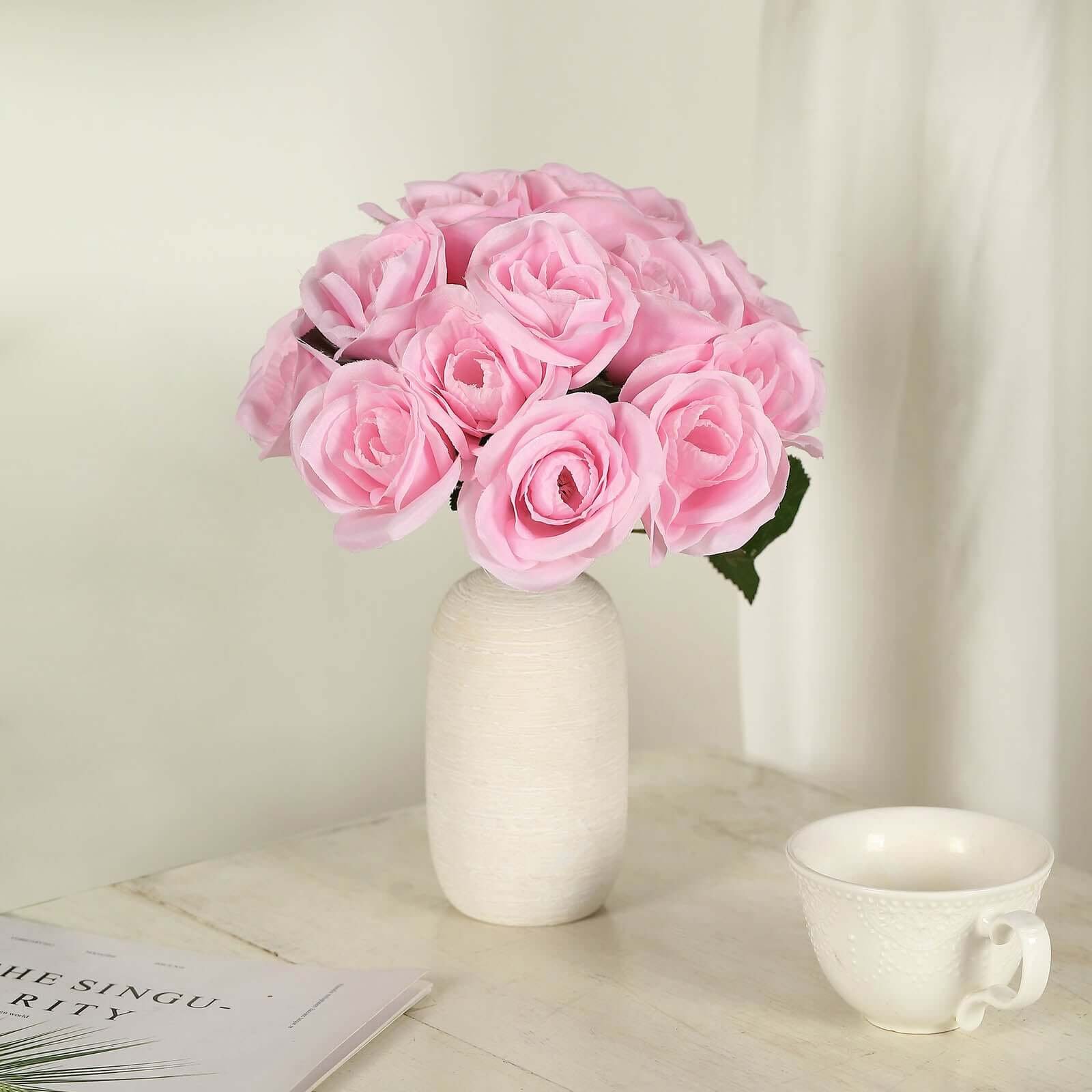 12-pink-artificial-velvet-like-rose-flower-bouquet Pink Velvet-Like Artificial Rose Bouquet, 12 Decorative Floral Arrangement - Image 1