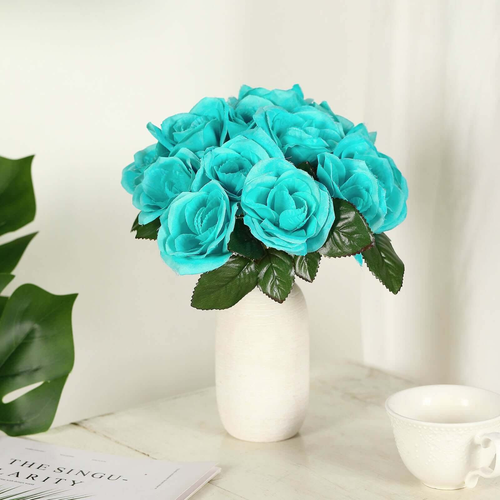 12-turquoise-artificial-velvet-like-fabric-rose-flower-bouquet-bush Turquoise Velvet-Like Artificial Rose Bouquet, 12 Decorative Floral Arrangement - Image 1