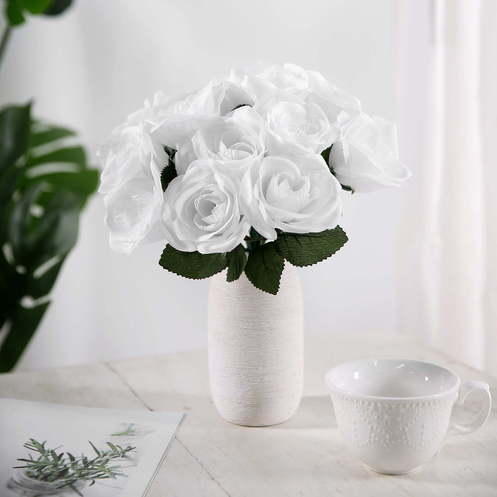 12-white-artificial-velvet-like-fabric-rose-flower-bouquet-bush White Velvet-Like Artificial Rose Bouquet, 12 Decorative Floral Arrangement - Image 1