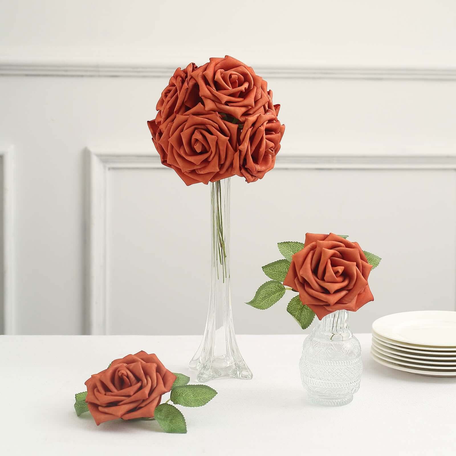 24-roses-terracotta-rust-artificial-foam-flowers-with-stem-wire-and-leaves-5 24 Roses Terracotta (Rust) Artificial Foam Flowers With Stem Wire and Leaves 5 - Image 1