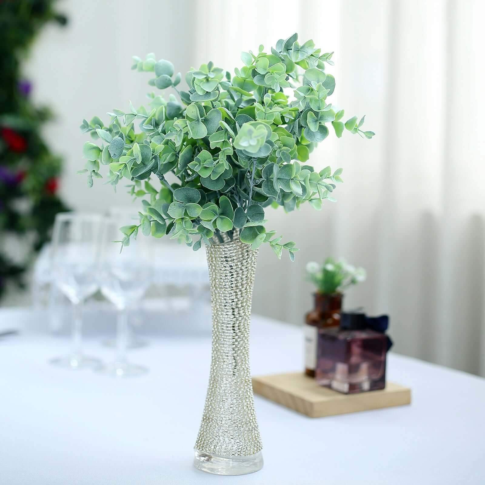 3-bushes-14-artificial-eucalyptus-branches-greenery-bouquet-plants-1 3 Pack Artificial Eucalyptus Bushes 14 Frosted Green - Image 1