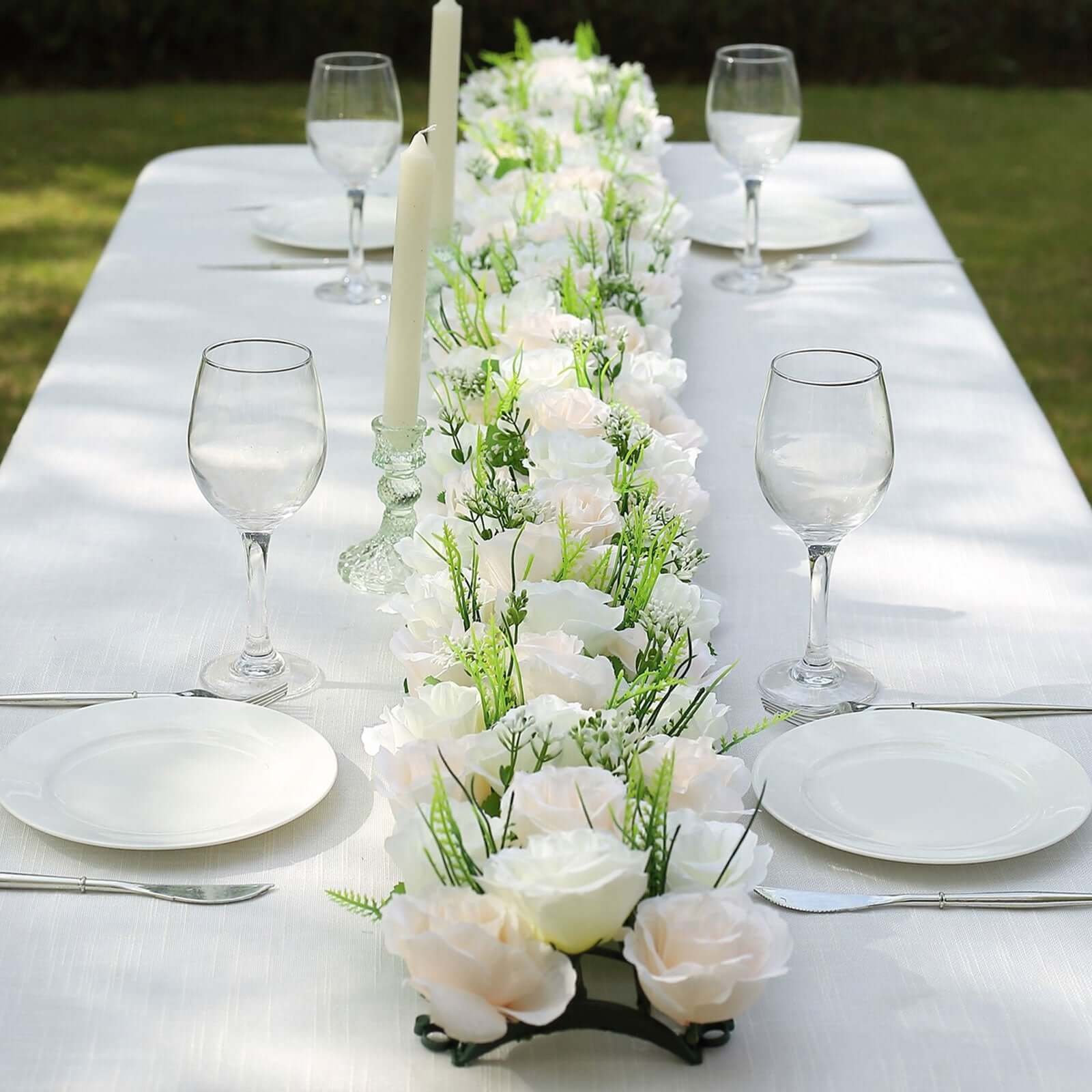 6-pack-cream-ivory-silk-rose-flower-panel-table-runner-artificial-floral-arrangements-dining-table-decor-20x8-1 6 Pack Cream Ivory Silk Rose Flower Panel Table Runner, Artificial Floral Arrangements Dining Table Decor - 20x8 - Image 1