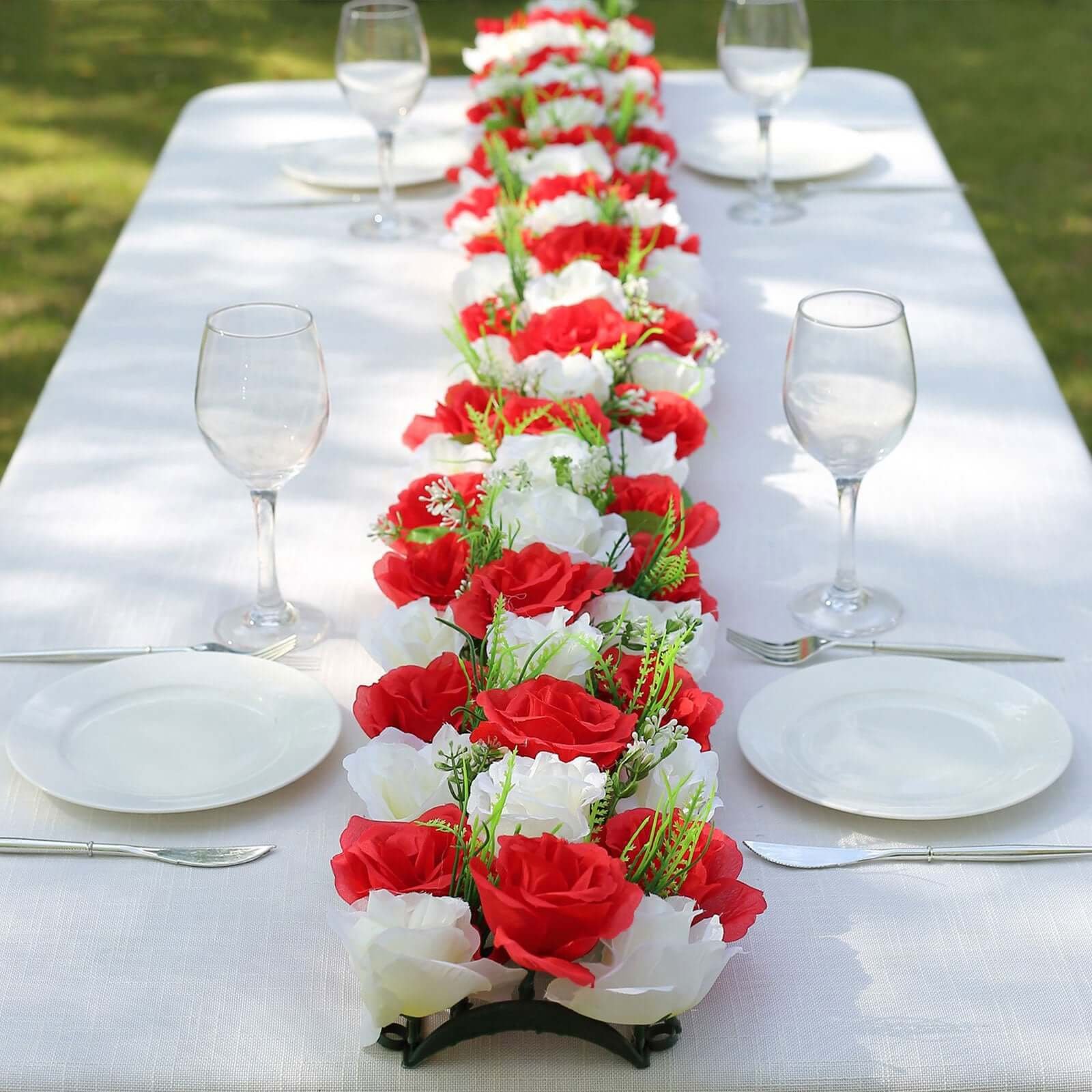 6-pack-red-ivory-silk-rose-flower-panel-table-runner-artificial-floral-arrangements-dining-table-decor-20x8-1 6 Pack Red Ivory Silk Rose Flower Panel Table Runner, Artificial Floral Arrangements Dining Table Decor - 20x8 - Image 1