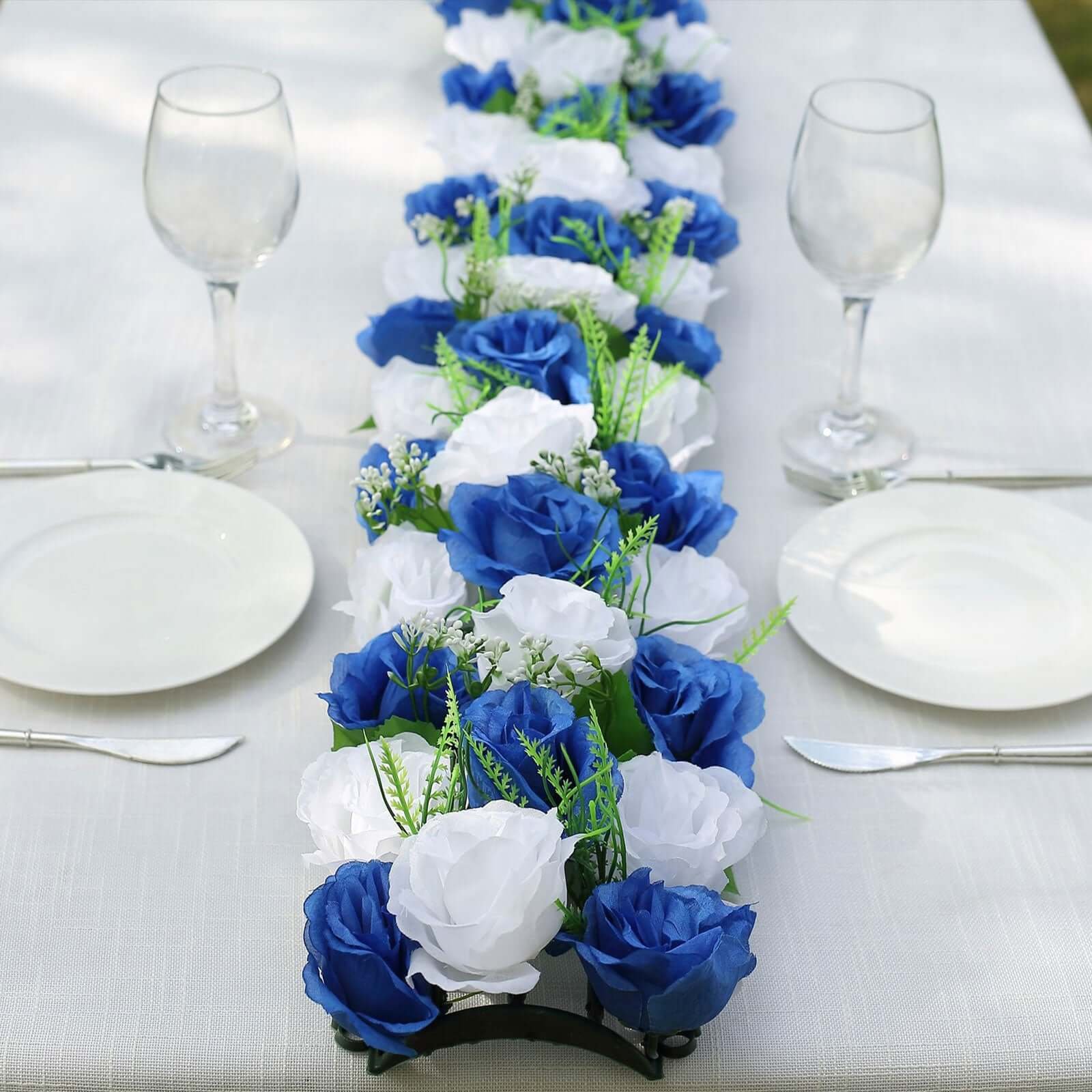 6-pack-white-royal-blue-silk-rose-flower-panel-table-runner-artificial-floral-arrangements-dining-table-decor-20x8-1 6 Pack White Royal Blue Silk Rose Flower Panel Table Runner, Artificial Floral Arrangements Dining Table Decor - 20x8 - Image 1