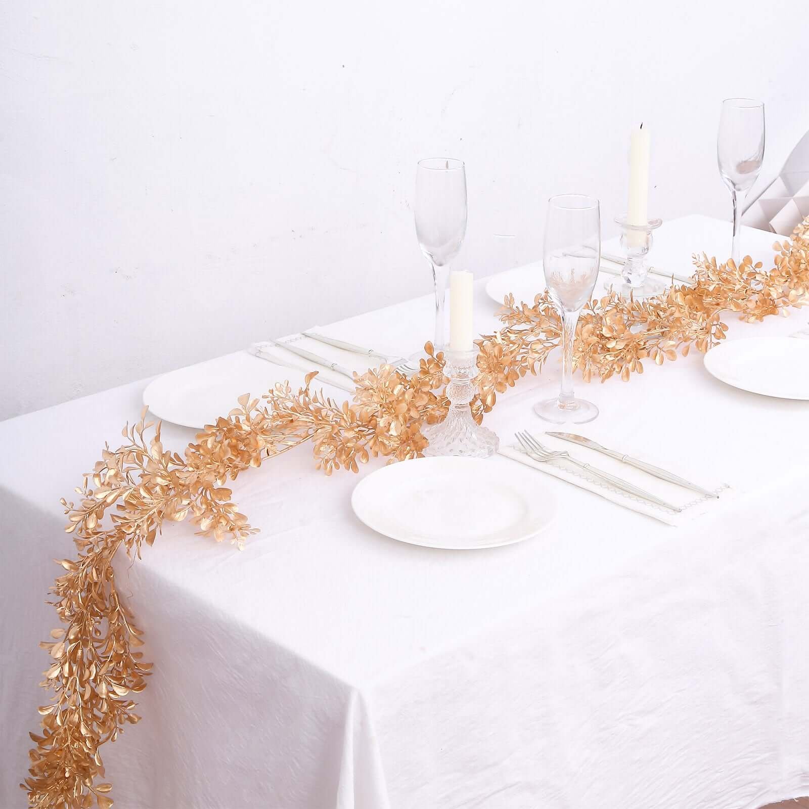 artificial-boxwood-leaf-hanging-vine-6ft-metallic-gold-stylish-faux-decorative-table-garland-for-backdrops-tablescapes-floral-installations Artificial Boxwood Leaf Hanging Vine 6ft Metallic Gold - Stylish Faux Decorative Table Garland for Backdrops Tablescapes & Floral Installations - Image 1